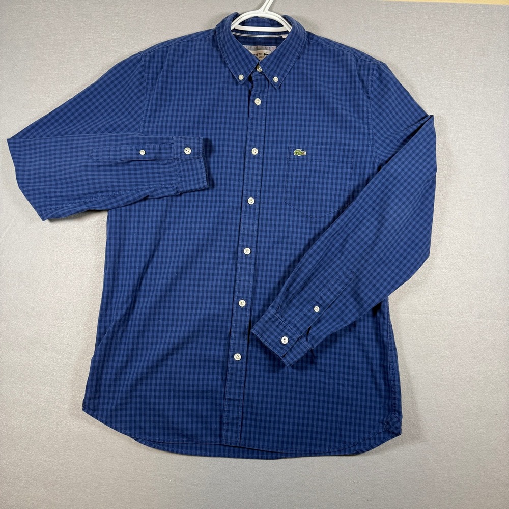 Lacoste Mens Button Down Gingham Poplin Regular Fit Medium Blue Cotton Shirt - Picture 3 of 10